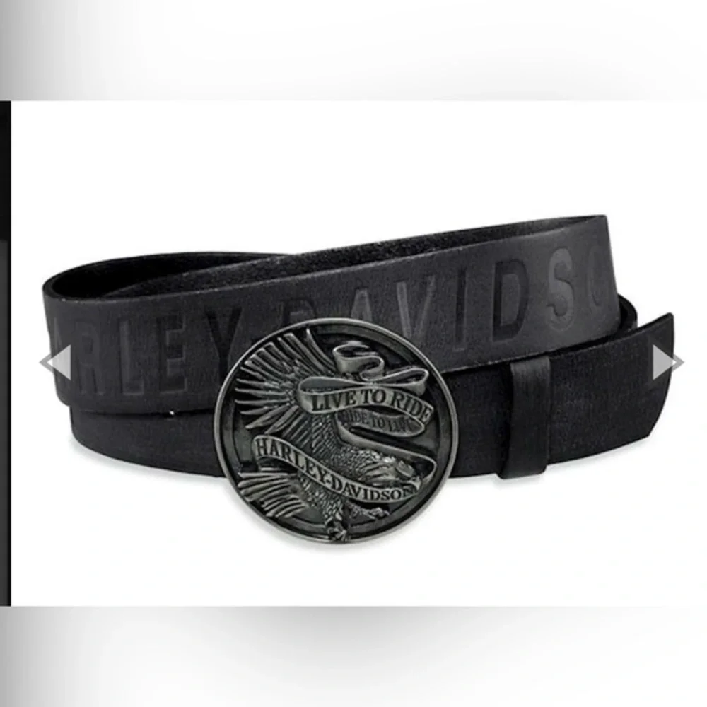 Harley Davidson Men Sz 38 Black Leather Belt with Live to Ride Eagle Belt Buckle